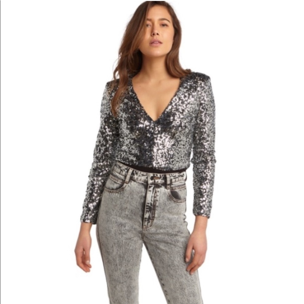 New Bardot Sequin Silver Sparkly Embellished Shoulder Pad Long Sleeve Bodysuit